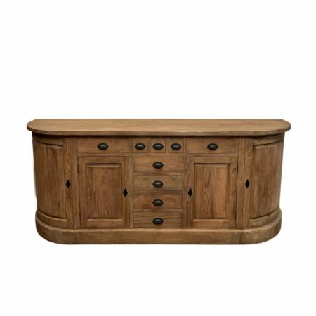 dressoir met afgeronde hoeken. het teakhouten dressoir heeft 9 laden en 4 deuren