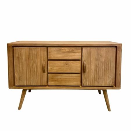 retro dressoir met 2 deuren en 3 laden, op ronde tapse poten teakhout