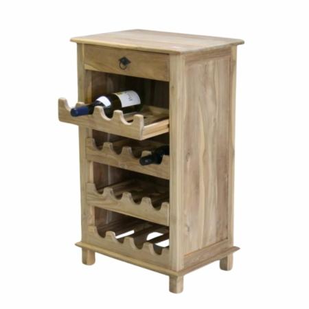 wijnrek met een lade en vier schappen voor wijn gemaakt van teakhout