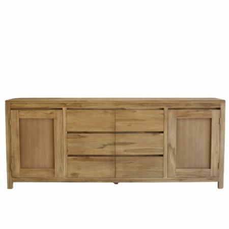 Modern dressoir 220 cm breed met 6 laden en twee deuren gemaakt van teakhout