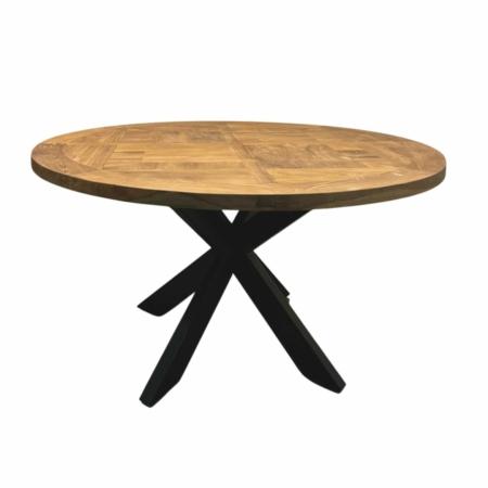 ronde teaktafel met een ingelegd blad en metalen kruispoot