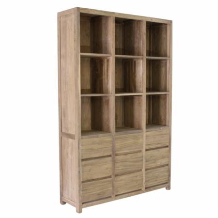 Moderne boekenkast 9 laden en 9 open vakken massief teakhout