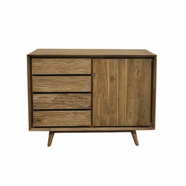 dressoir met 4 laden en 1 deur gemaakt van teakhout. de laden zijn ruw afgewerkt