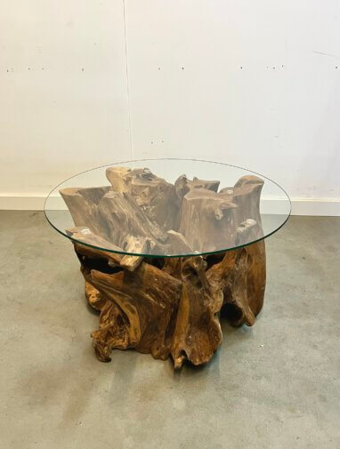 Robuuste salontafel rond met een glasplaat