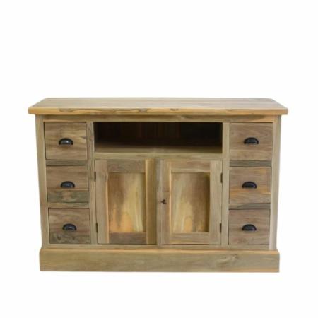teak tv meubel met 6 laden en twee deuren en een open vak