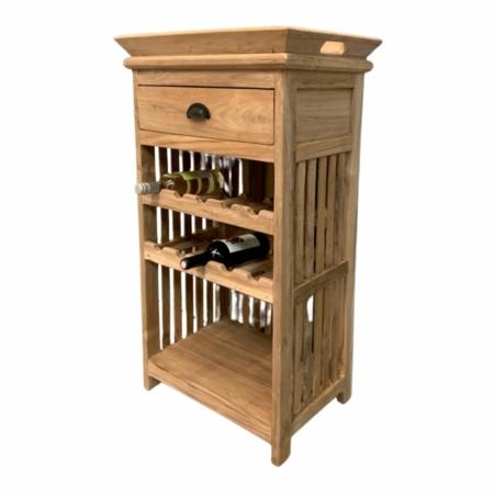 wijnrek met een dienblad en een la gemaakt van teakhout