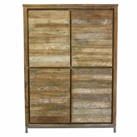 teakhouten kast met metalen frame en vier dichte deuren, hout is robuust afgewerkt