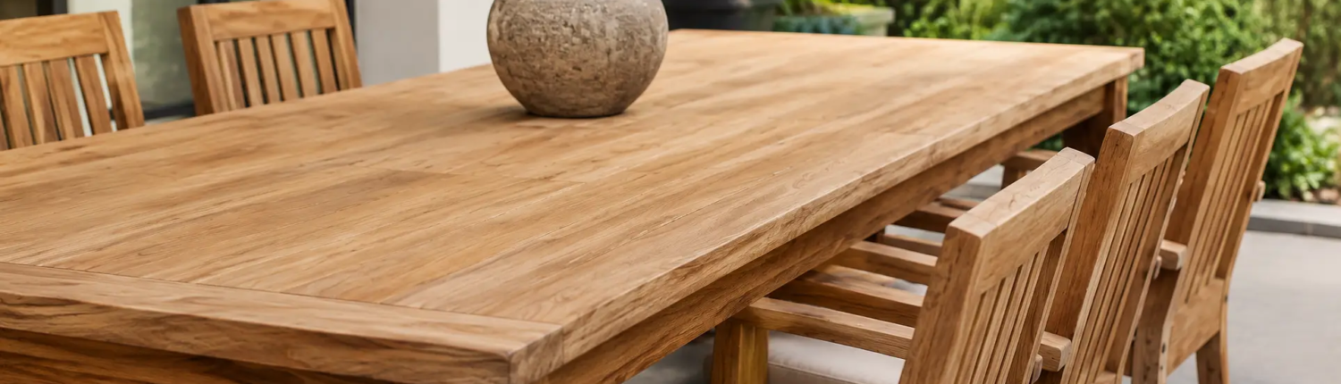 Teakhouten tuintafel met bijpassende stoelen op een overdekt terras.
