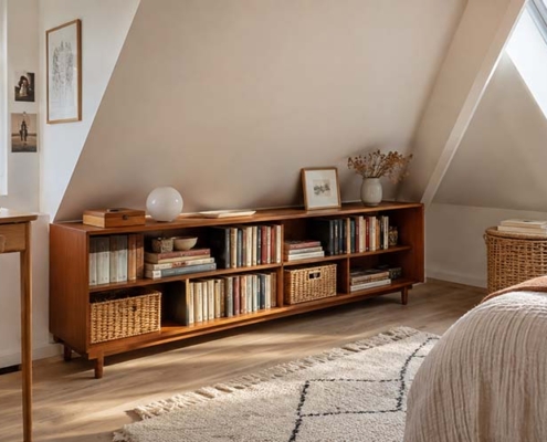 Lage boekenkast onder een schuin dak